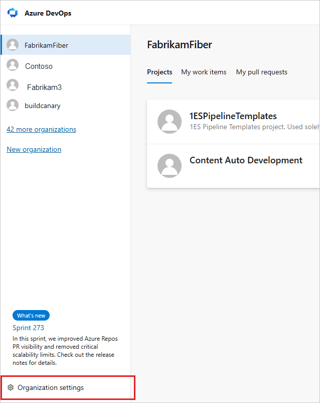 Screenshot of Choose Organization settings.