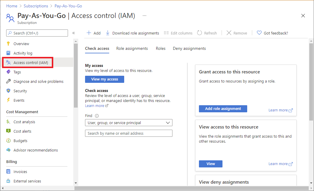 Screenshot of Access control (IAM) page for a subscription.