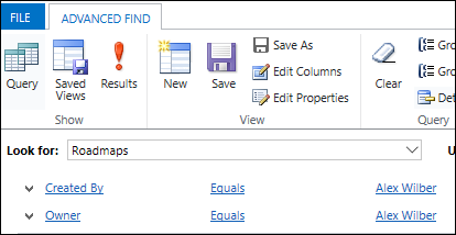 Screenshot of a query in Advanced Find.