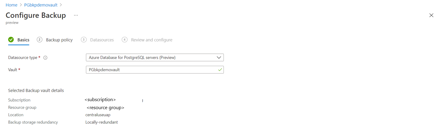 Captura de pantalla que muestra la pestaña para escribir información básica de copia de seguridad.
