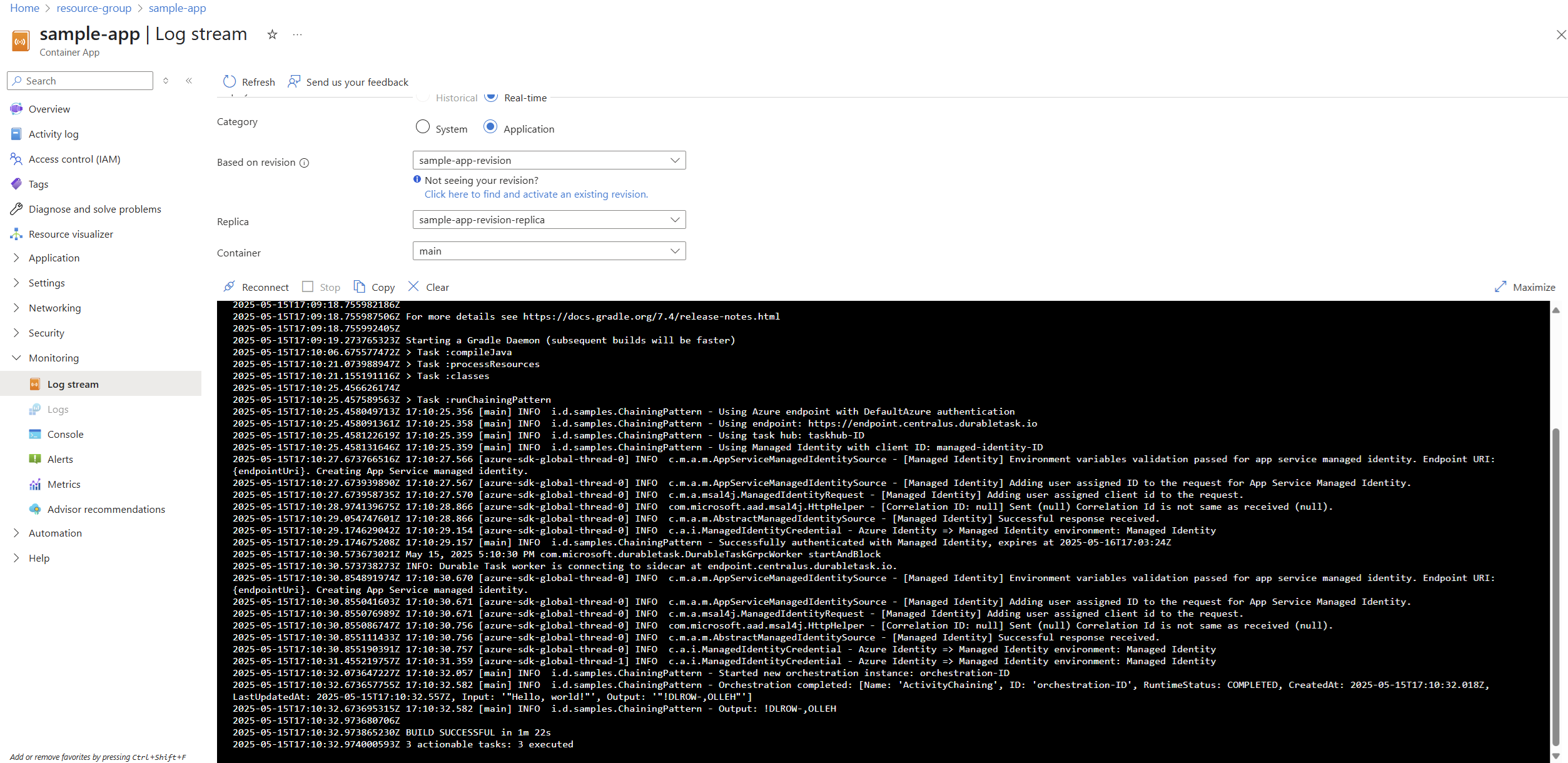 Captura de pantalla del flujo de registros de la aplicación de ejemplo de Java en el portal de Azure.