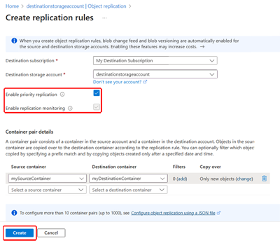 Captura de pantalla que muestra la ubicación de las casillas Habilitar replicación prioritaria y Habilitar supervisión de replicación en el panel reglas de replicación.