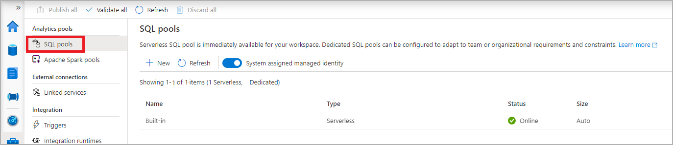 Captura de pantalla del centro de administración de Synapse Studio con la navegación de grupos de SQL seleccionada.