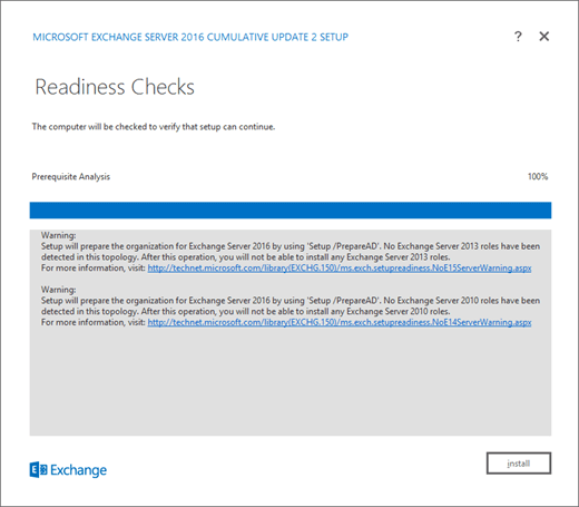 Instalación de Exchange: página de comprobación de preparación con errores resueltos.