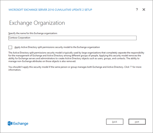 Instalación de Exchange: página de organización de Exchange.