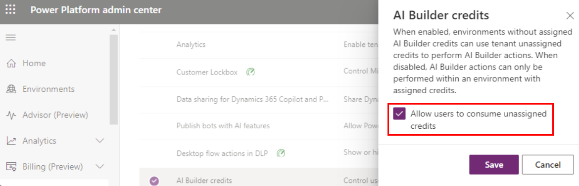 Captura de pantalla de la opción para permitir que los usuarios consuman créditos de AI Builder sin asignar en el Centro de administración de Power Platform.