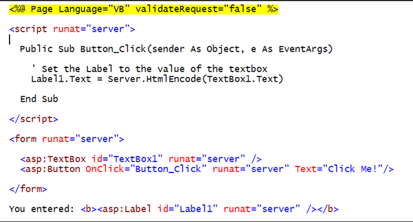 Captura de pantalla que muestra el contenido se puede codificar fácilmente en HTML en el servidor mediante la API Server.HtmlEncode(string). El contenido también se puede descodificar fácilmente html, es decir, revertirse a HTML estándar mediante el método Server.HtmlDecode(string).