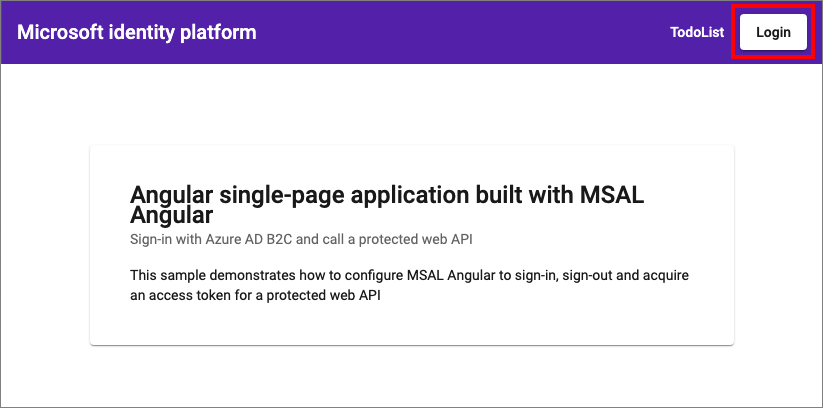 Captura de pantalla que muestra la aplicación de ejemplo de Angular con el vínculo de inicio de sesión.