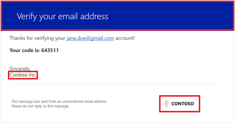 Captura de pantalla de un correo electrónico de verificación personalizado