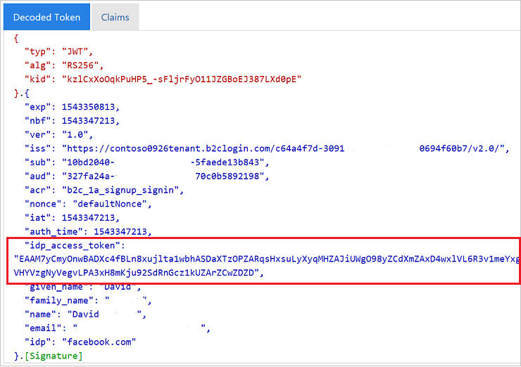 Token descodificado en jwt.ms con el bloque idp_access_token resaltado