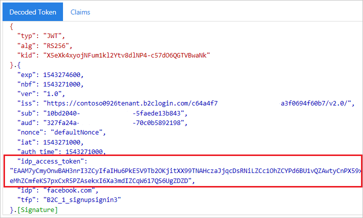 Token descodificado en jwt.ms con el bloque idp_access_token resaltado