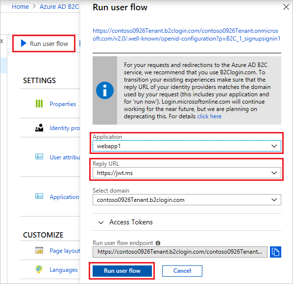 Captura de pantalla de la página Ejecutar flujo de usuario desde Azure Portal con el botón Ejecutar flujo de usuario, el cuadro de texto Aplicación y el cuadro de texto URL de respuesta resaltados.