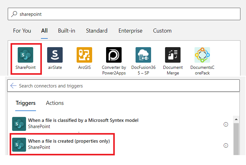 Captura de pantalla del conector de SharePoint y página de selección de desencadenadores.