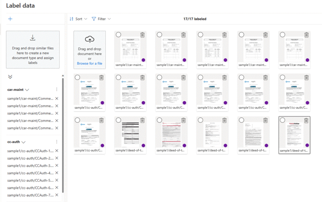 Captura de pantalla que muestra el etiquetado del modelo de clasificación personalizada en Document Intelligence Studio.