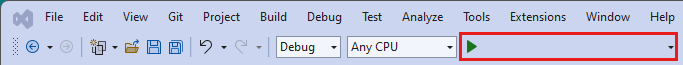 Captura de pantalla del botón ejecutar tu programa en Visual Studio.