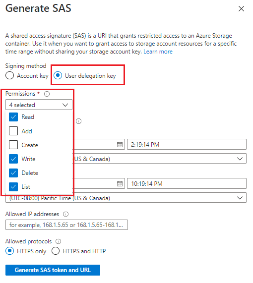 Screenshot que muestra los campos de permisos de SAS en el portal de Azure.
