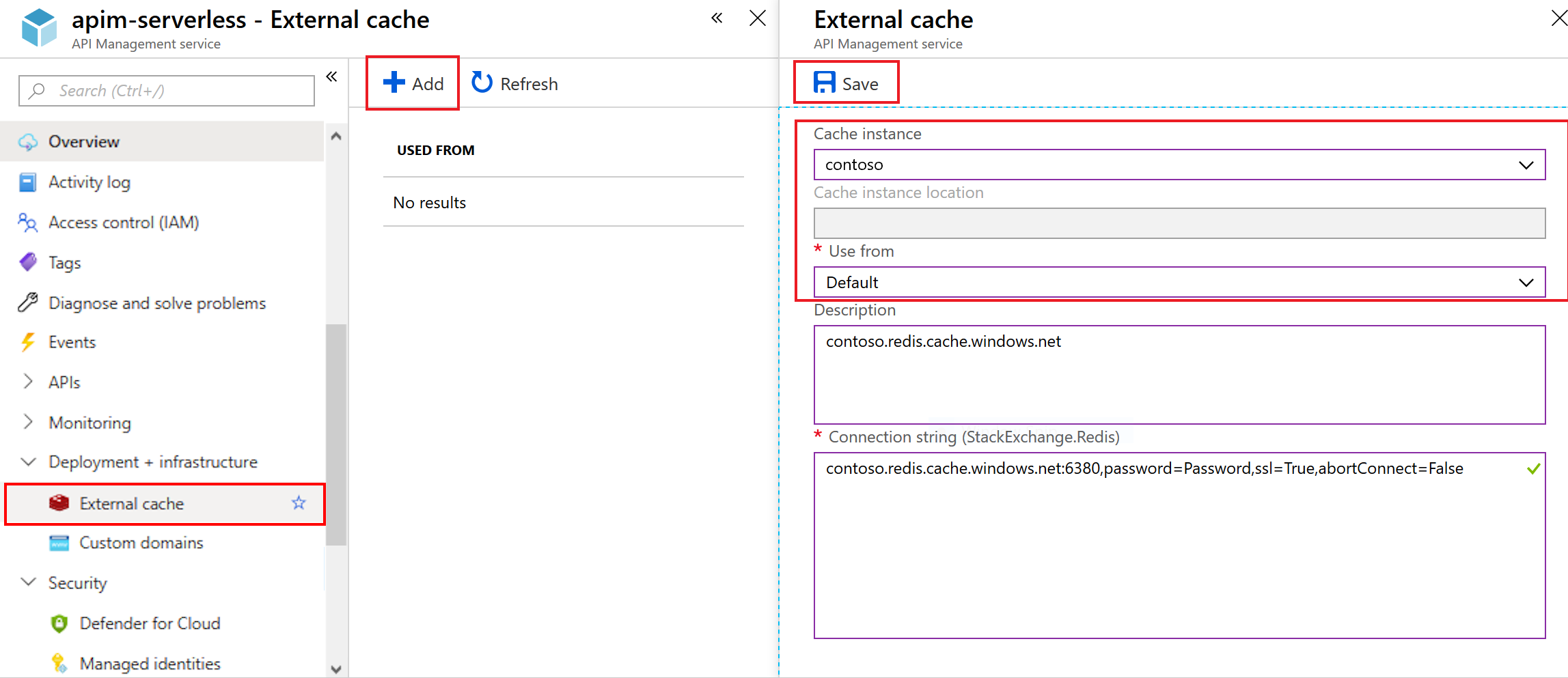 Captura de pantalla que muestra cómo agregar una caché externa de Azure Managed Redis en Azure API Management.