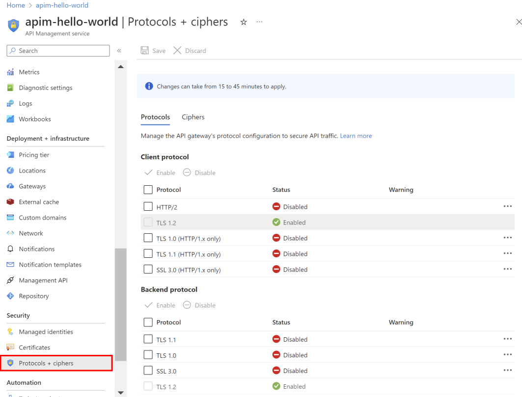 Captura de pantalla de administración de protocolos y cifrados en la Azure portal.