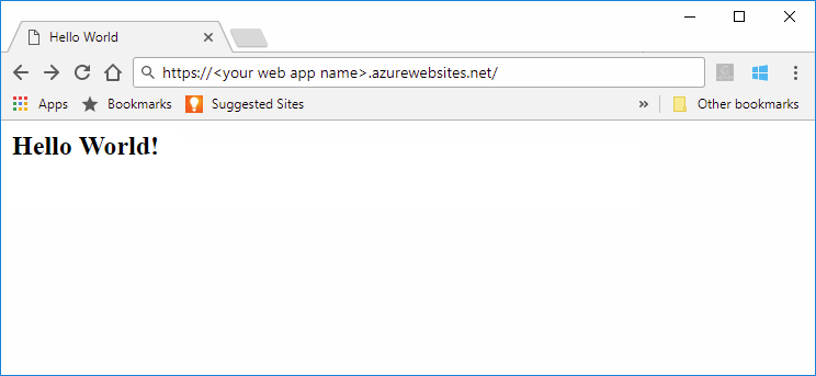 Recorte de pantalla de la aplicación web Hello World de Maven que se ejecuta en Azure App Service.