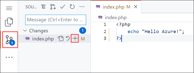 Captura de pantalla de Visual Studio Code en el explorador, resaltando la navegación del control de código fuente en la barra lateral y, a continuación, resaltando el botón Cambios de fase en el panel de control de código fuente.