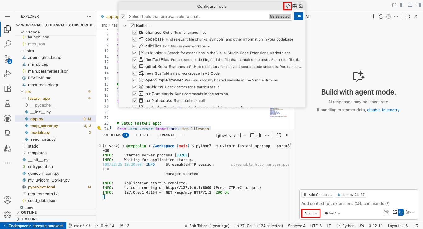 Captura de pantalla que muestra cómo agregar un servidor MCP en el modo del agente de Chat de Copilot de GitHub.