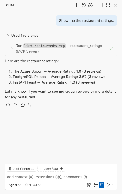 Captura de pantalla que muestra la respuesta de la llamada a la herramienta MCP en la ventana Chat de GitHub Copilot.