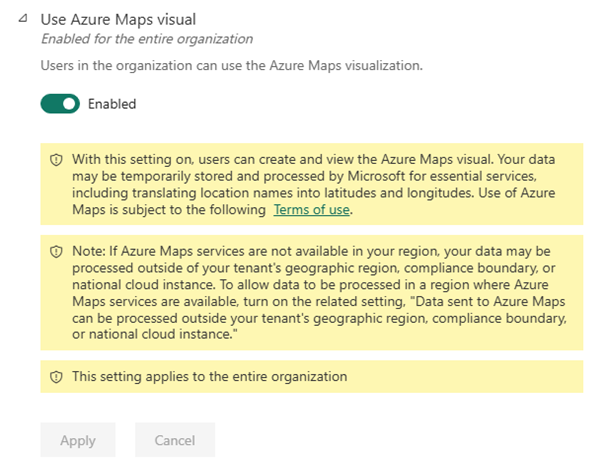 Captura de pantalla de la configuración del arrendatario para habilitar la visualización de Azure Maps en el portal de administración de Power BI.