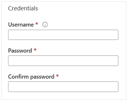 Captura de pantalla que muestra Active Directory campos de credenciales que muestran campos de nombre de usuario, contraseña y confirmación de contraseña.