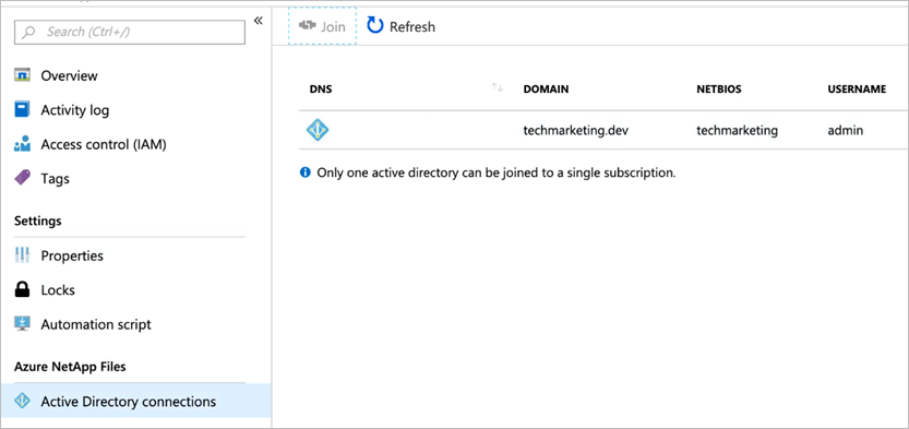 Captura de pantalla del menú conexiones de Active Directory que muestra una conexión creada correctamente.
