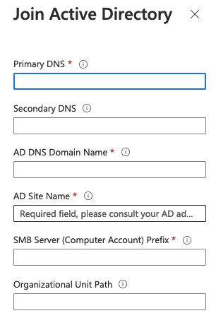 Captura de pantalla de los campos de entrada para unirse a Active Directory.