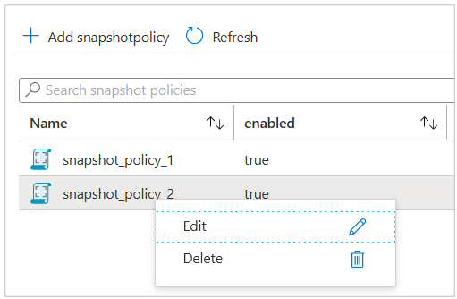 Captura de pantalla que muestra el menú contextual de Directiva de instantánea.