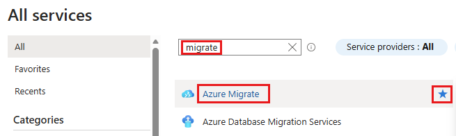 Captura de pantalla que muestra el icono de estrella para agregar un servicio a Favoritos en el Azure Portal.