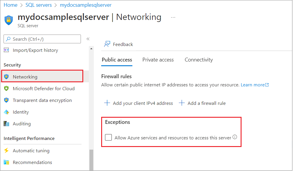 Captura de pantalla de la página administrar la configuración del firewall del servidor.