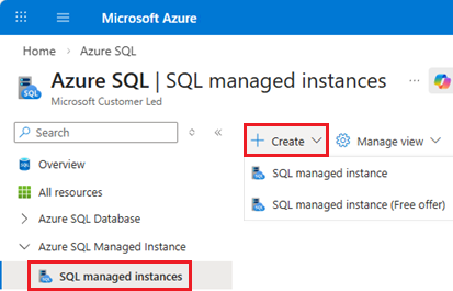 Captura de pantalla de la página Instancias administradas de SQL desde la página del centro de Azure SQL en Azure Portal, en la que se muestra el botón +Crear.