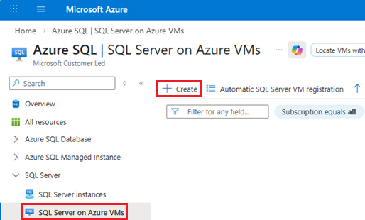 Captura de pantalla de la página SQL Server en máquinas virtuales de Azure desde la página del centro de Azure SQL en Azure Portal, en la que se muestra el botón +Crear.