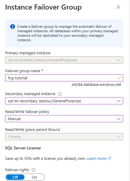 Captura de pantalla para crear un grupo de conmutación por error en Azure portal.