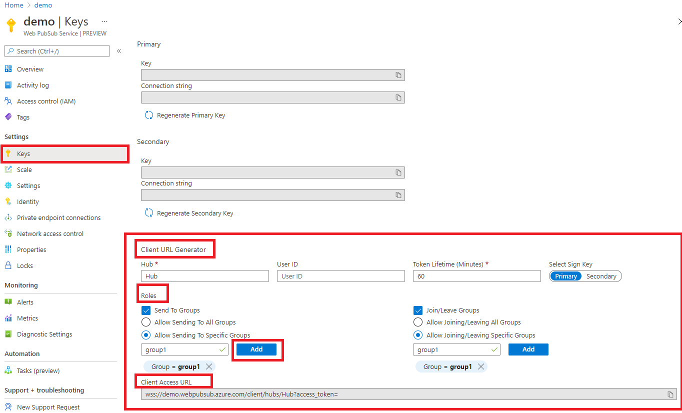 Captura de pantalla que muestra cómo obtener la dirección URL de acceso de cliente en Azure Portal
