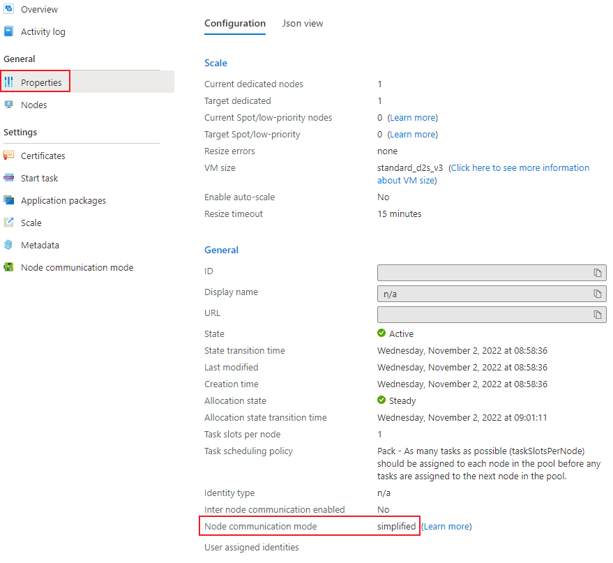 Captura de pantalla que muestra las propiedades asociadas con un pool de recursos en modo simplificado.