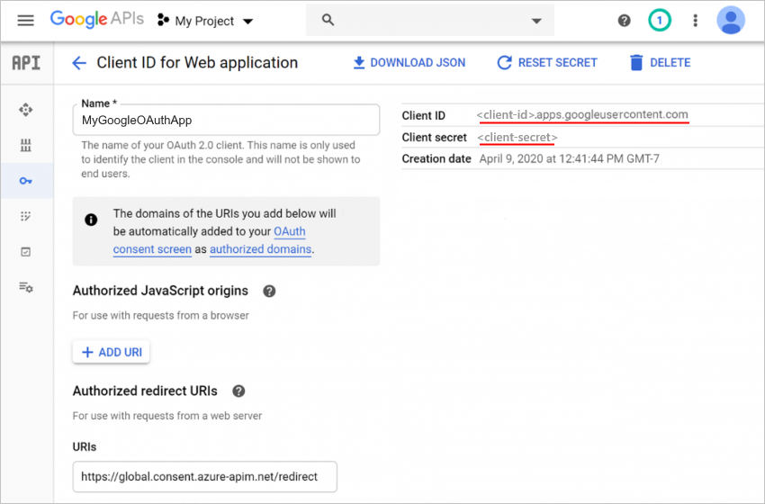 Captura de pantalla que muestra el sitio asociado de Google API con el ID de cliente y la clave secreta de cliente de la aplicación cliente de Google.