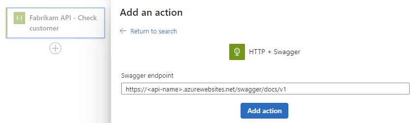 Captura de pantalla que muestra Azure Portal, el diseñador de flujo de trabajo y el panel de acciones HTTP + Swagger. Se especifica una dirección URL de ejemplo para el parámetro de punto de conexión de Swagger.