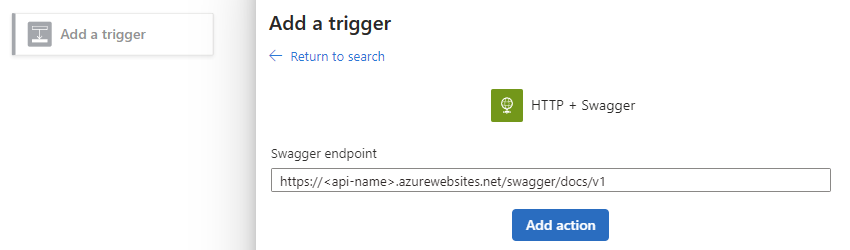 Captura de pantalla que muestra azure Portal, el diseñador de flujos de trabajo y el panel de desencadenadores HTTP + Swagger. Se especifica una dirección URL de ejemplo para el parámetro de punto de conexión de Swagger.