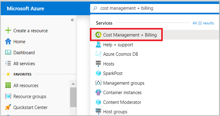 Recorte de pantalla que muestra la búsqueda en Azure Portal para Cost Management + facturación.