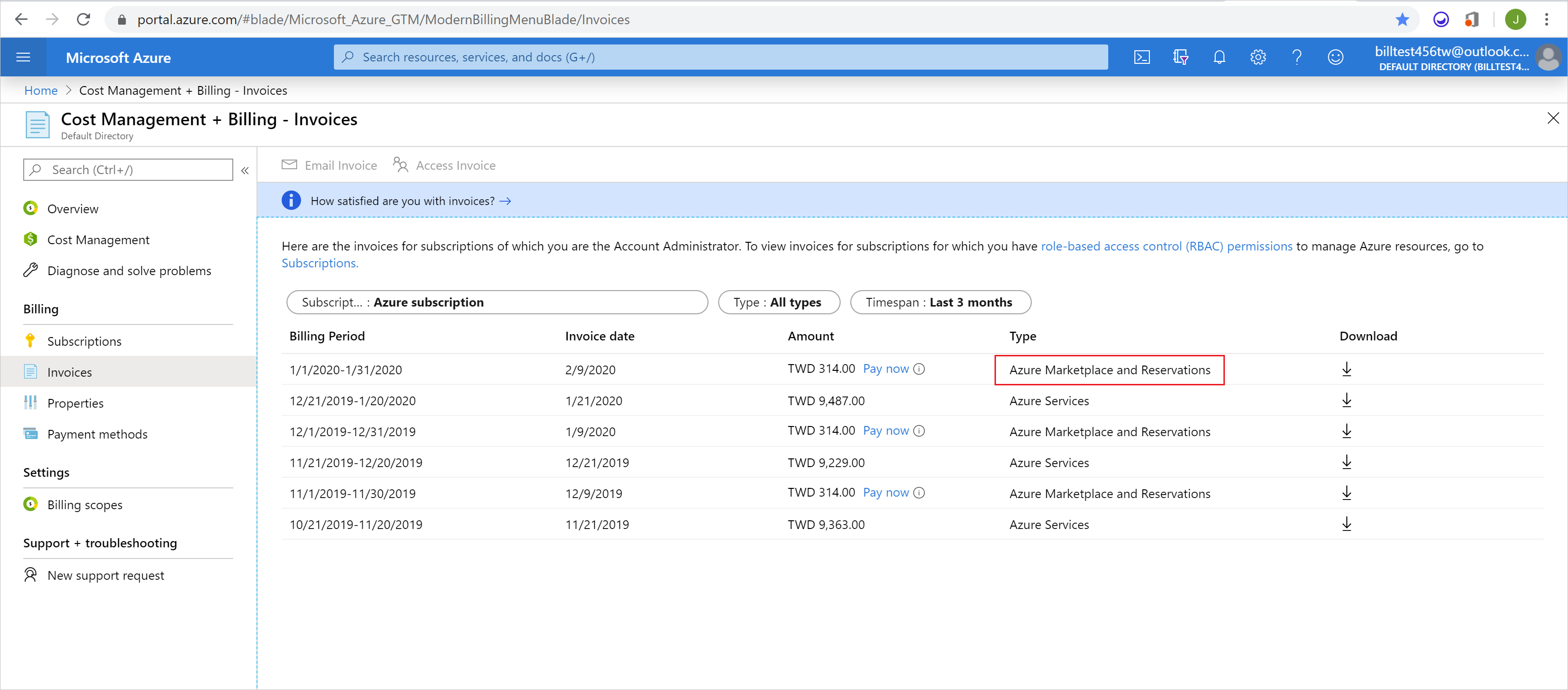 Captura de pantalla que muestra las facturas con Azure Marketplace y Reservas resaltadas.