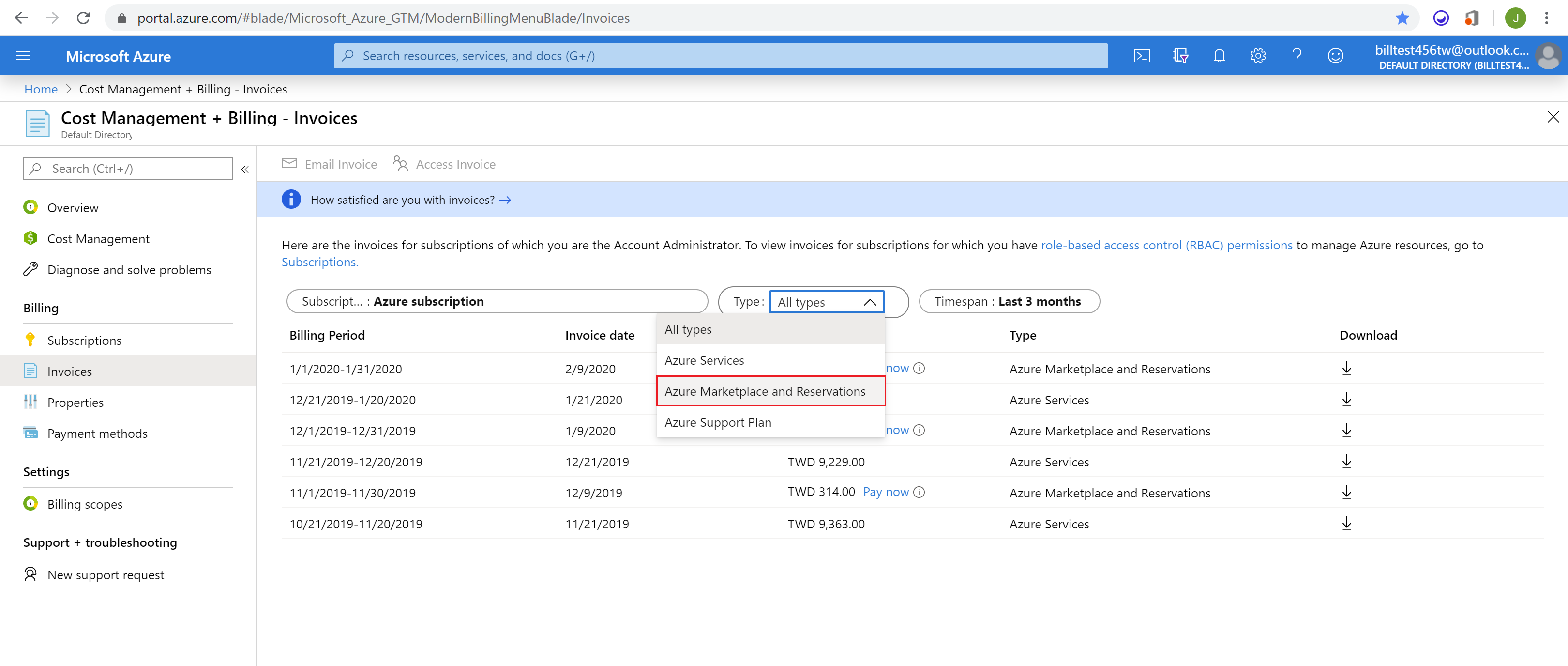 Captura de pantalla que muestra Azure Marketplace y la opción de Reserva seleccionadas en la lista desplegable.