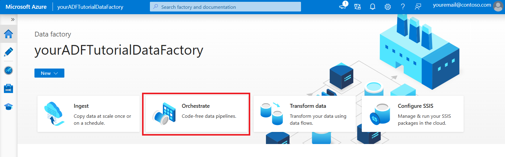 Captura de pantalla que muestra la página de inicio de Azure Data Factory.