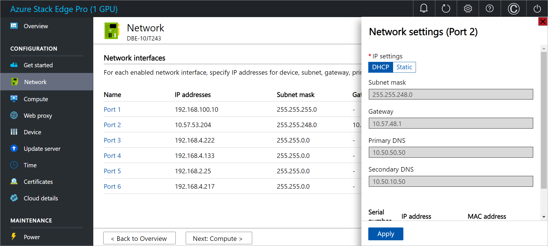 Captura de pantalla de la página Red de un dispositivo de Azure Stack Edge con la configuración de Red del puerto&nbsp;2 mostrada.