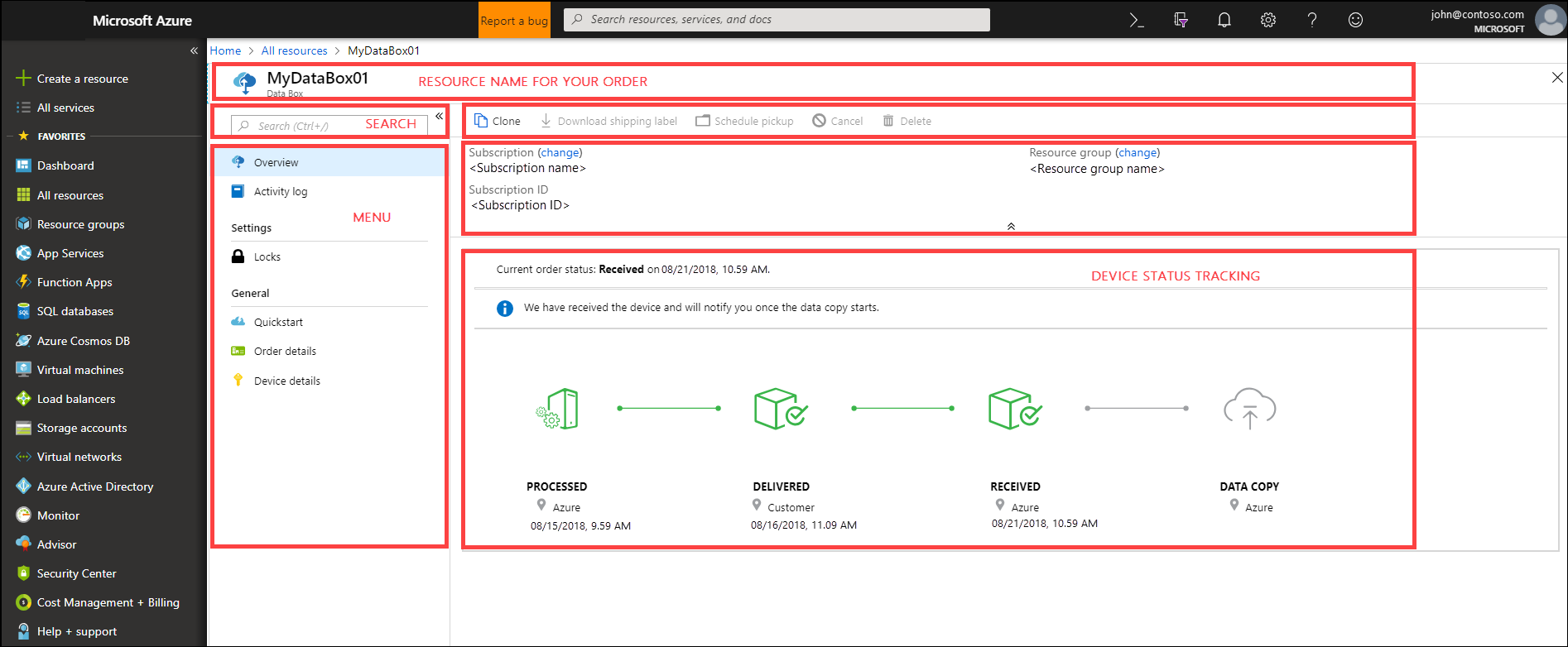 Recorte de pantalla del servicio Data Box en Azure Portal.