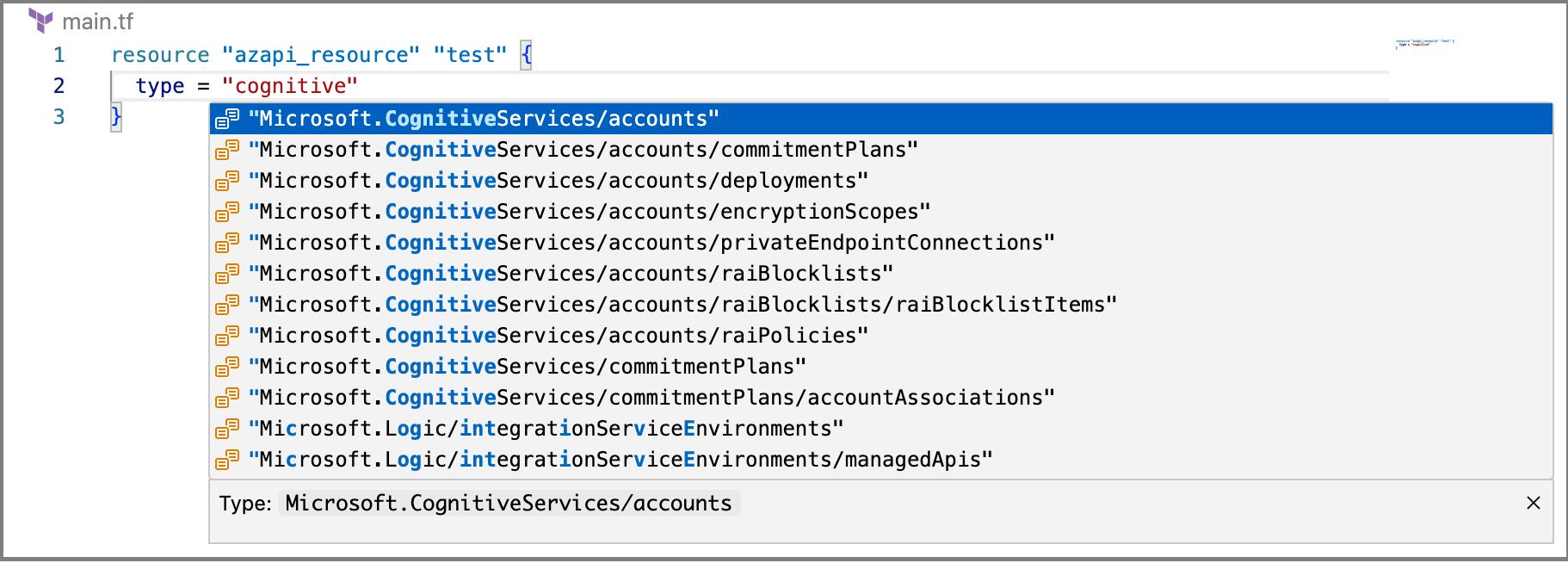Lista de todos los tipos de recursos disponibles
