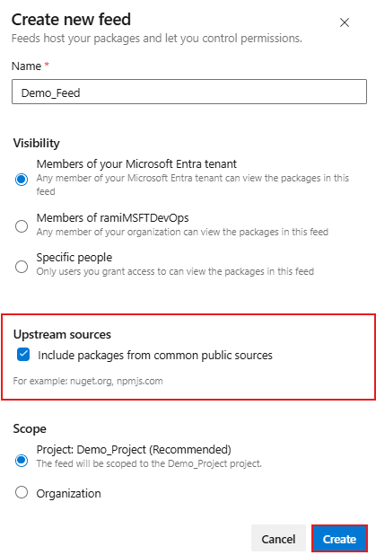 Captura de pantalla que muestra cómo crear un feed necesario y habilitar fuentes ascendentes en Azure Artifacts.