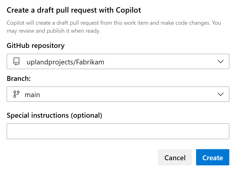 Captura de pantalla muestra los menús desplegables para el repositorio y la rama, para crear una solicitud de extracción en borrador con Copilot.